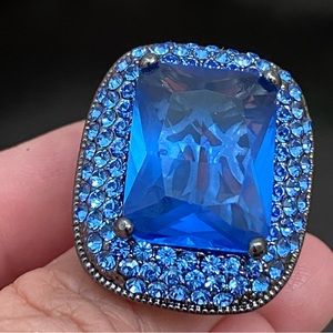Joan Boyce Blue Stone Cushion Cut Pavé Statement Cocktail Ring Size 6